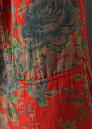 Loose Red Print Pockets Elastic Waist Cotton Filled Pants Winter