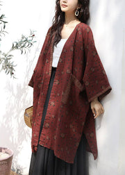 Loose Red Print Pockets Side Open Linen Cardigan Long Sleeve