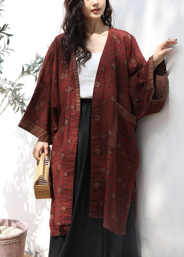 Loose Red Print Pockets Side Open Linen Cardigan Long Sleeve