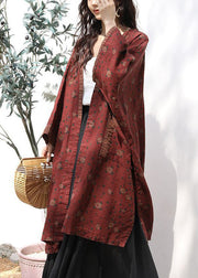 Loose Red Print Pockets Side Open Linen Cardigan Long Sleeve