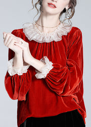 Loose Red Ruffled Solid Patchwork Silk Velour Top Butterfly Sleeve