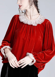 Loose Red Ruffled Solid Patchwork Silk Velour Top Butterfly Sleeve