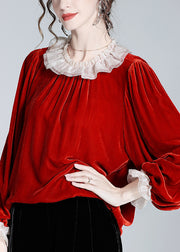 Loose Red Ruffled Solid Patchwork Silk Velour Top Butterfly Sleeve