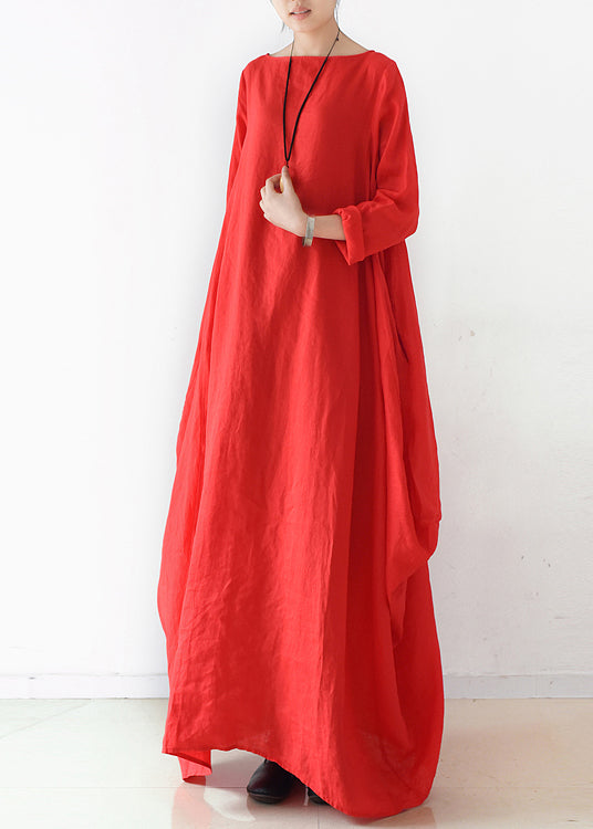 Loose Red Slash Neck Linen Maxi Dress Long Sleeve