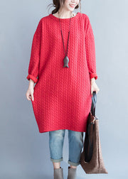 Loose Red Solid Pockets Cotton Holiday Dress Spring