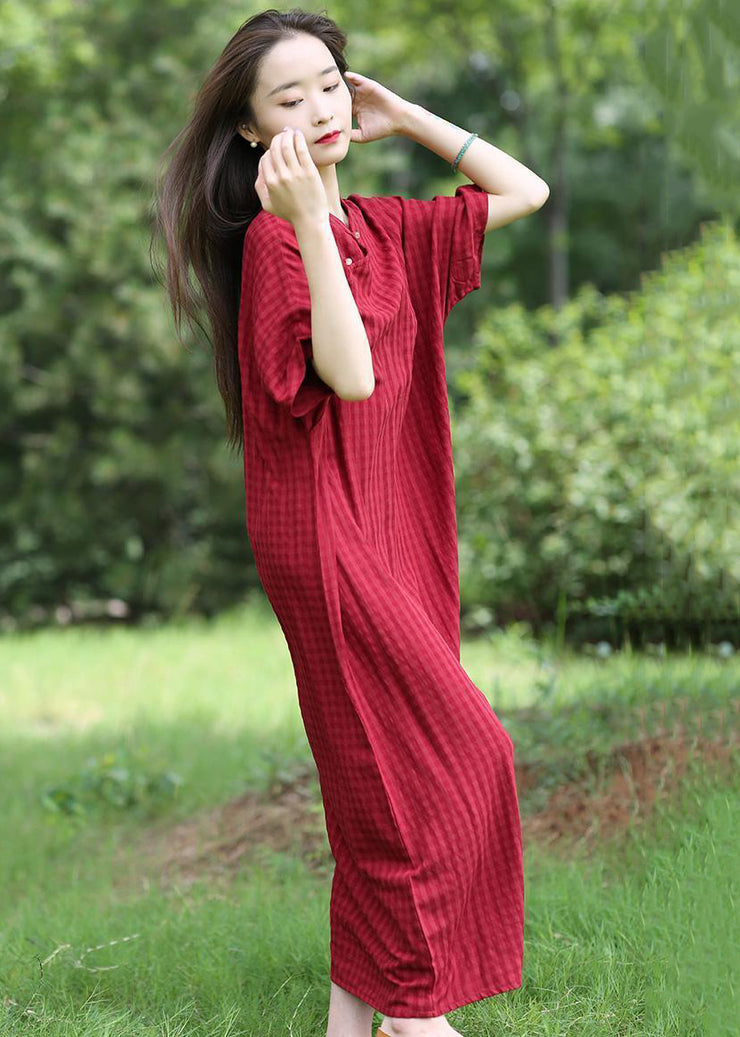 Loose Red Stand Collar Button Linen Long Dresses Summer