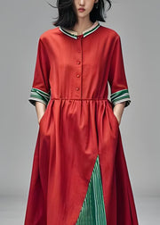 Loose Red Stand Collar Pockets Patchwork Cotton Dress Summer