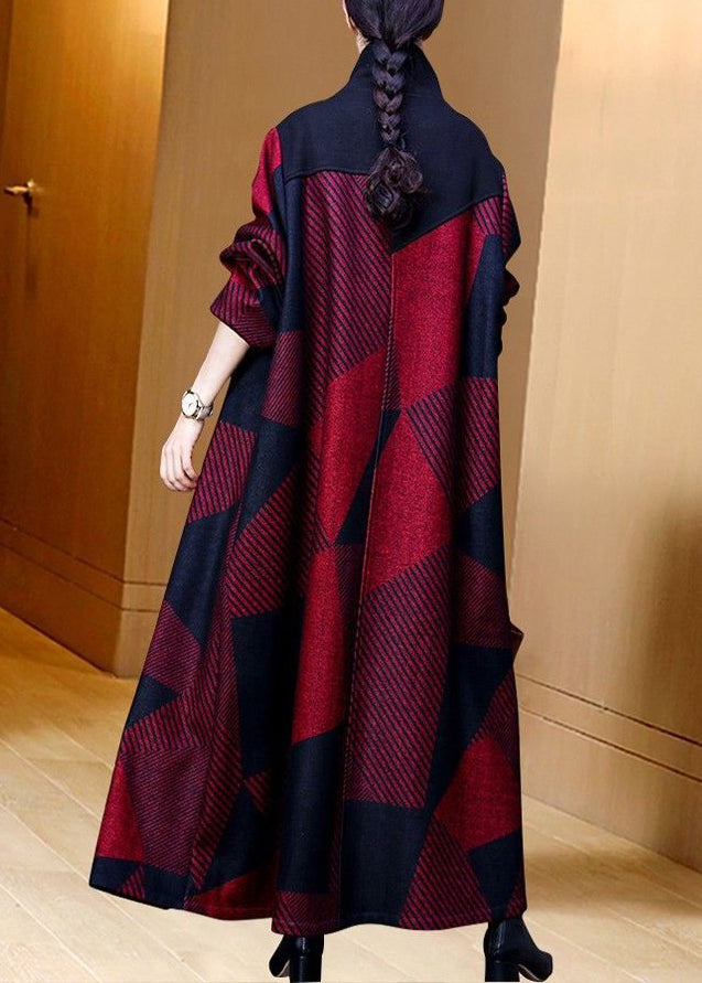 Loose Red Stand Collar Pockets Patchwork Thick Long Coat Long Sleeve