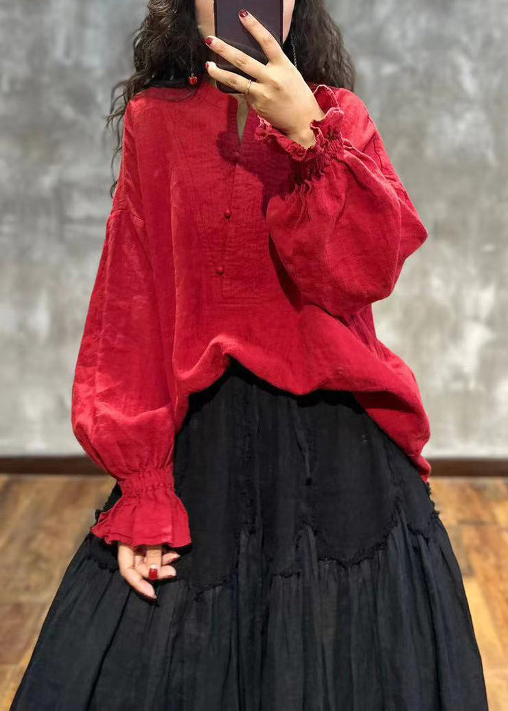 Loose Red Stand Collar Ruffled Linen Shirt Top Fall