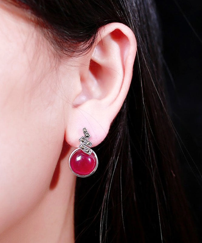 Loose Red Sterling Silver Inlaid Zircon Red Corundum Stud Earrings