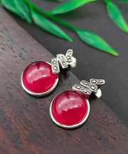 Loose Red Sterling Silver Inlaid Zircon Red Corundum Stud Earrings