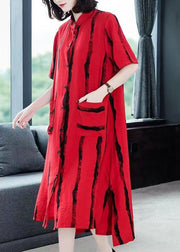 Loose Red Striped Button Patchwork Cotton Shirts Dress Summer