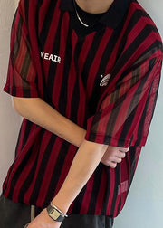 Loose Red Striped Hollow Out Cotton Polo Shirt Men Summer