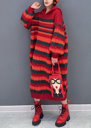 Loose Red Striped Hooded Cozy Knit Dress Long Sleeve