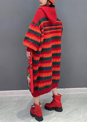 Loose Red Striped Hooded Cozy Knit Dress Long Sleeve