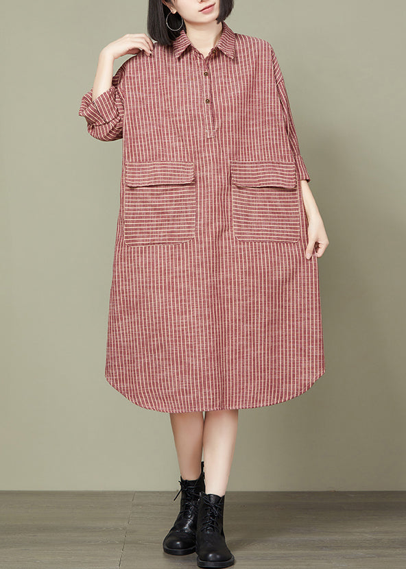 Loose Red Striped Pockets Cotton Shirts Dress Long Sleeve