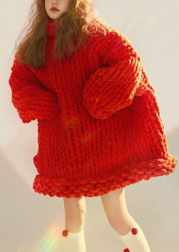 Loose Red Turtleneck Cozy Cable Cotton Knit Sweater Fall