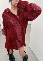 Loose Red Turtleneck Zippered Sashes Thick Knit Sweater Fall