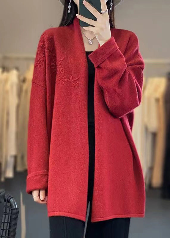 Loose Red V Neck Embroidered Cashmere Cardigan Top Fall