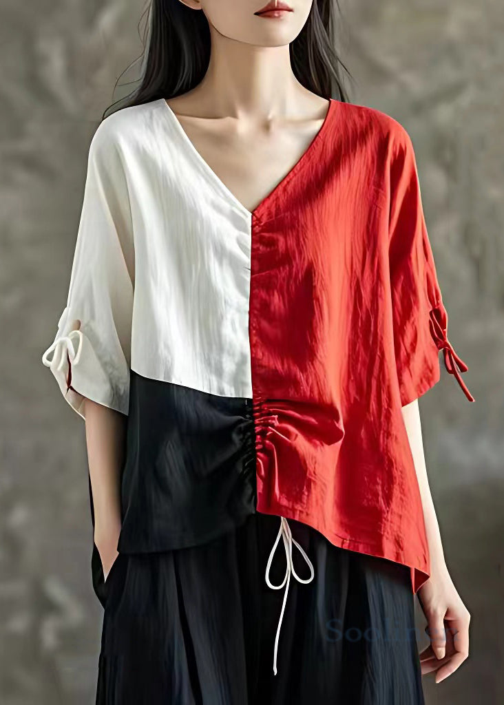 Loose Red V Neck Lace Up Linen Tops Half Sleeve
