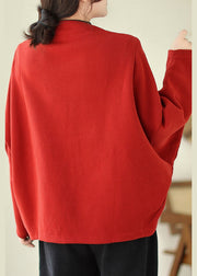 Loose Red V Neck Pockets Warm Fleece Jackets Batwing Sleeve