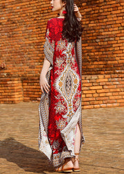 Loose Red V Neck Print Side Open Patchwork Chiffon Long Dresses Summer