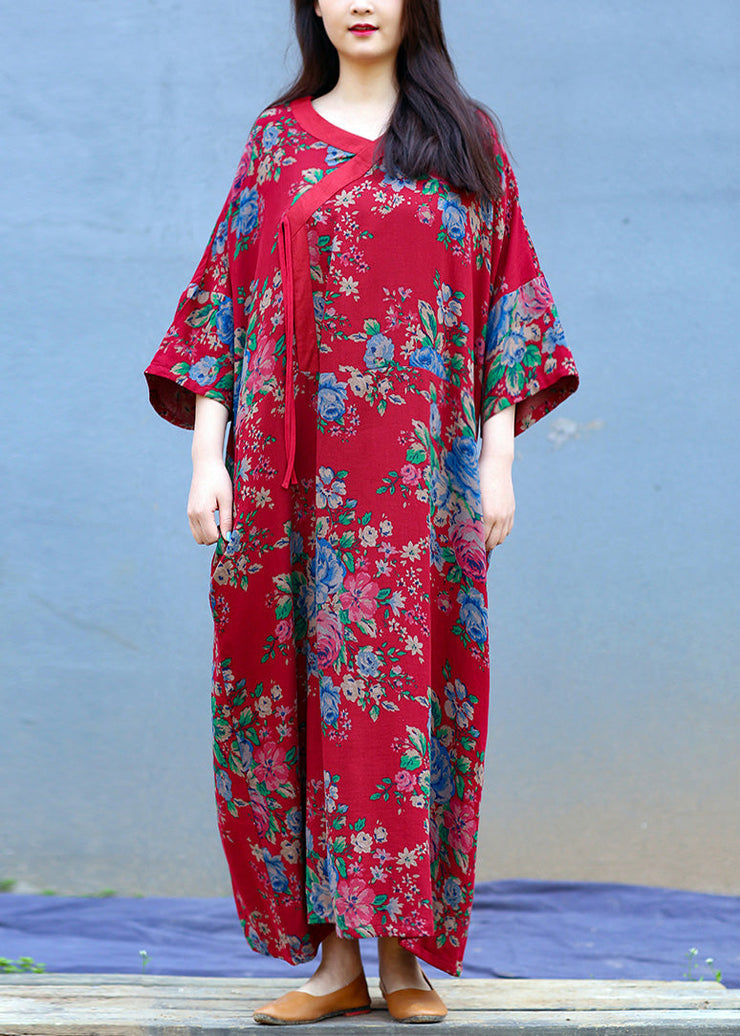 Loose Red V Neck Print Tie Long Robe Dresses Long Sleeve