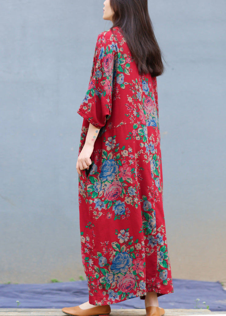 Loose Red V Neck Print Tie Long Robe Dresses Long Sleeve