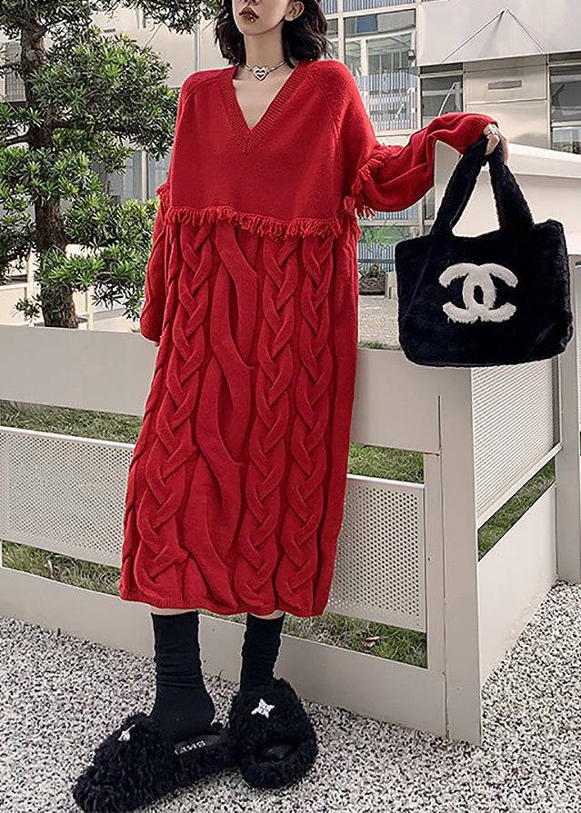 Loose Red V Neck Tassel Cable Knit Sweater Dress Winter