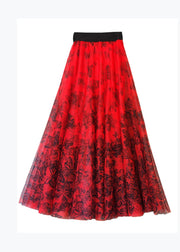 Loose Red Wrinkled Butterfly Print High Waist Tulle Skirt Spring