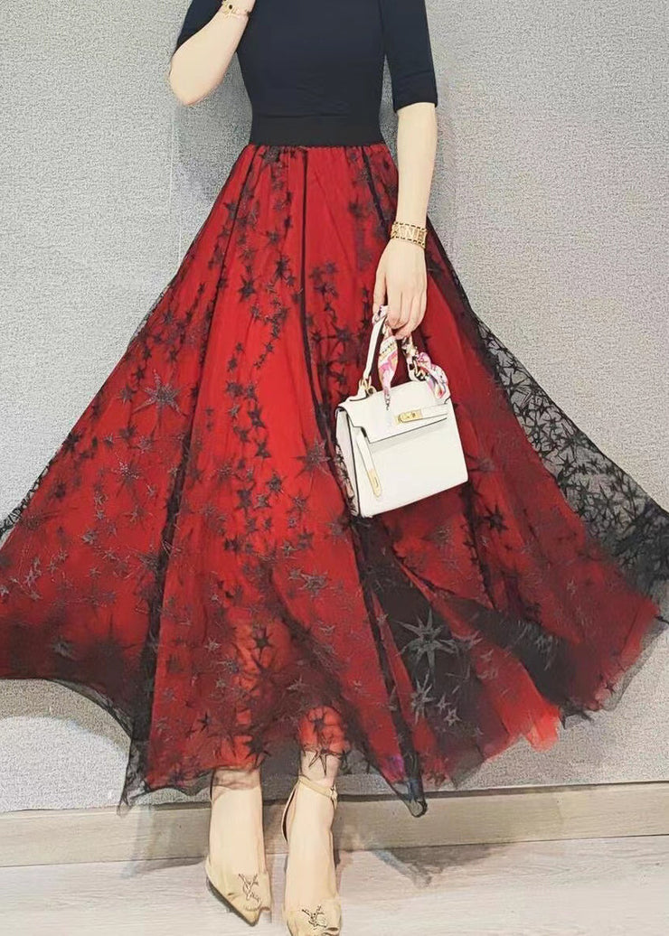 Loose Red Wrinkled Embroideried Exra Large Hem Tulle Skirt Spring