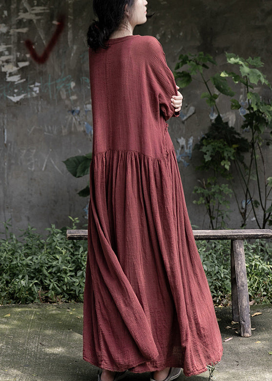 Loose Red Wrinkled Pockets Cotton Maxi Dress Long Sleeve
