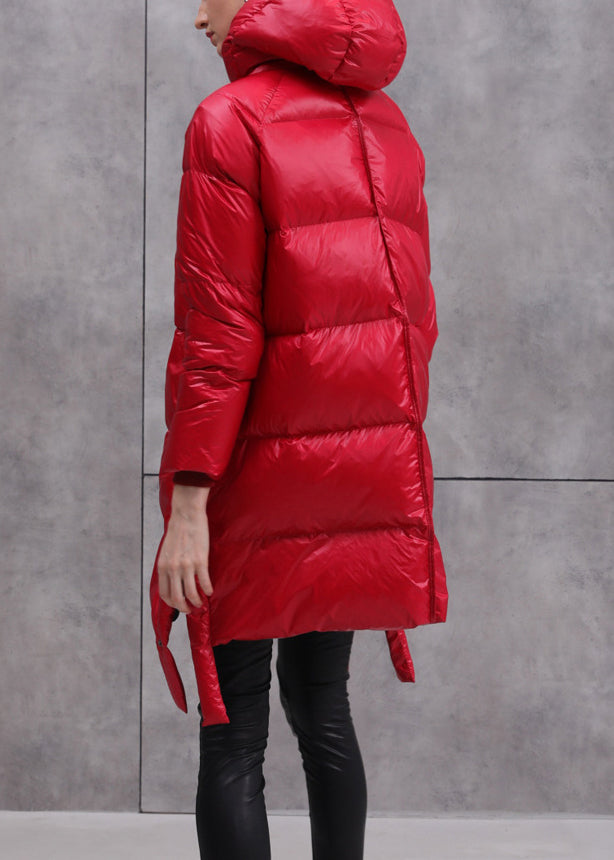 Loose Red Zip Up Pockets Patchwork Duck Down Coat Winter