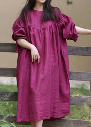 Loose Rose O Neck Button Solid Cotton Long Dress Fall