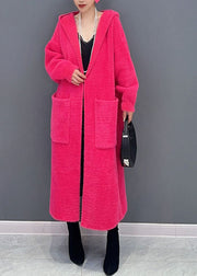 Loose Rose Pockets Knitted Cotton Thread Long Hooded Coat Fall