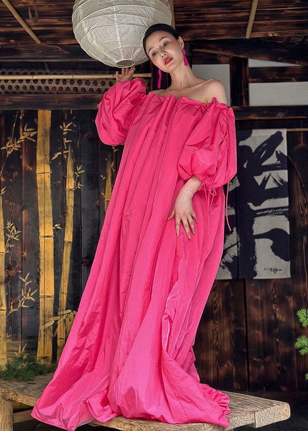 Loose Rose Slash Neck Drawstring Long Dress Long Sleeve