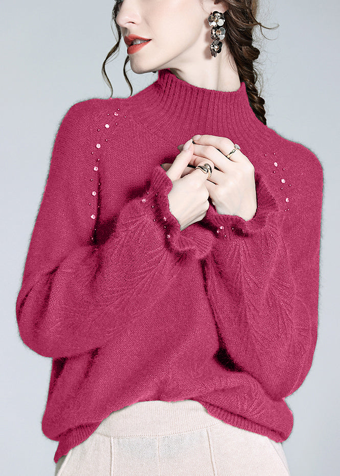 Loose Rose Turtleneck Nail Bead Cashmere Knit Sweater Winter