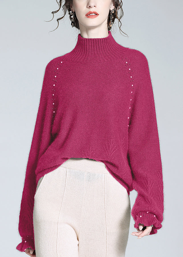 Loose Rose Turtleneck Nail Bead Cashmere Knit Sweater Winter