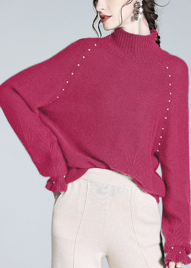 Loose Rose Turtleneck Nail Bead Cashmere Knit Sweater Winter