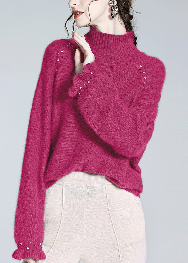 Loose Rose Turtleneck Nail Bead Cashmere Knit Sweater Winter