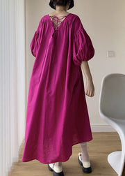 Loose Rose V Neck Wrinkled Patchwork Cotton Long Dresses Summer