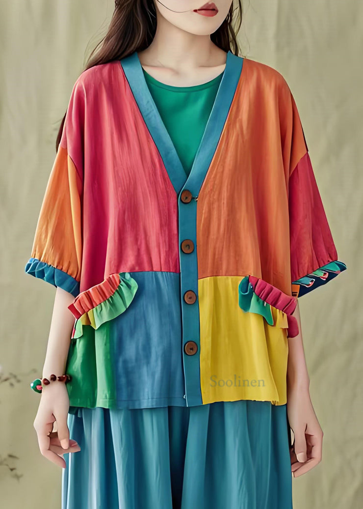 Loose Ruffled Pockets Button Patchwork Cotton Cardigan Coat Summer