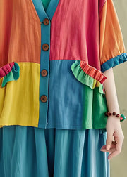 Loose Ruffled Pockets Button Patchwork Cotton Cardigan Coat Summer