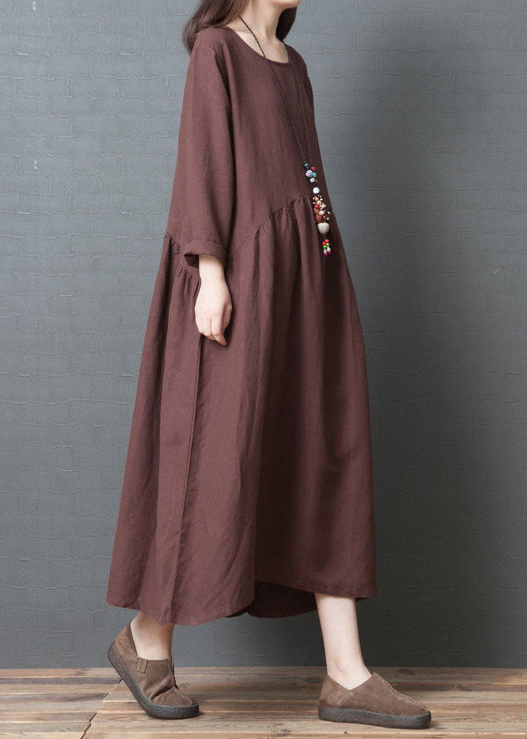 Loose Rust Red O Neck Wrinkled Patchwork Long Linen Dress Spring