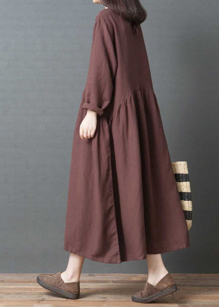 Loose Rust Red O Neck Wrinkled Patchwork Long Linen Dress Spring