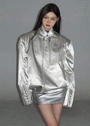 Loose Silver Stand Collar Zip Up Faux Leather Neutral Coat Winter