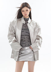 Loose Silver Stand Collar Zip Up Faux Leather Neutral Coat Winter