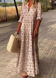 Loose Sky Blue V Neck Print Maxi Dresses Fall