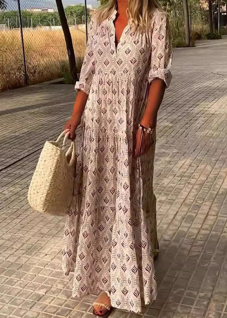 Loose Sky Blue V Neck Print Maxi Dresses Fall