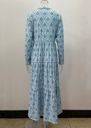 Loose Sky Blue V Neck Print Maxi Dresses Fall